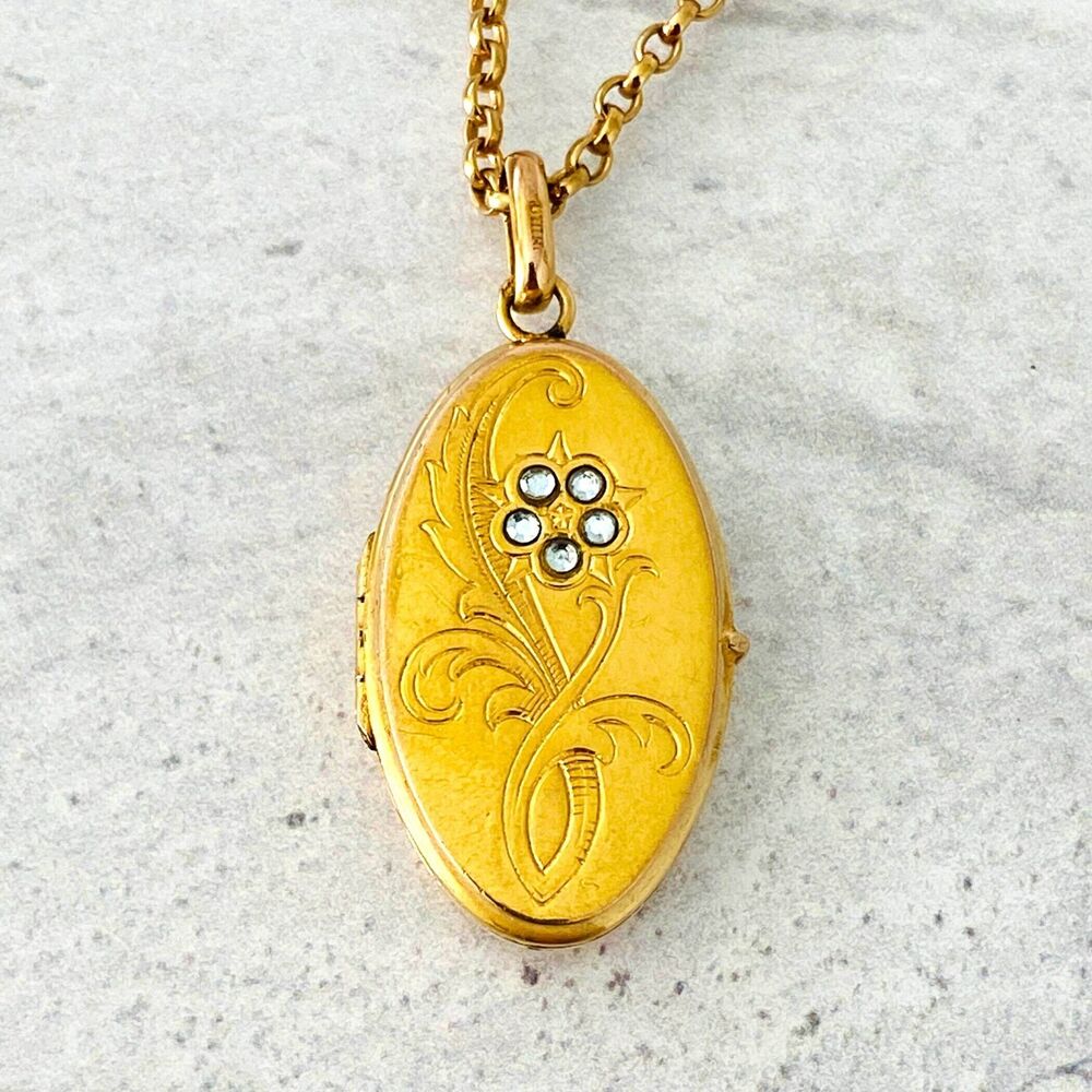 Vintage French Gold Filled Locket Necklace Charmaine Paris Paste Stones 16" 18"
